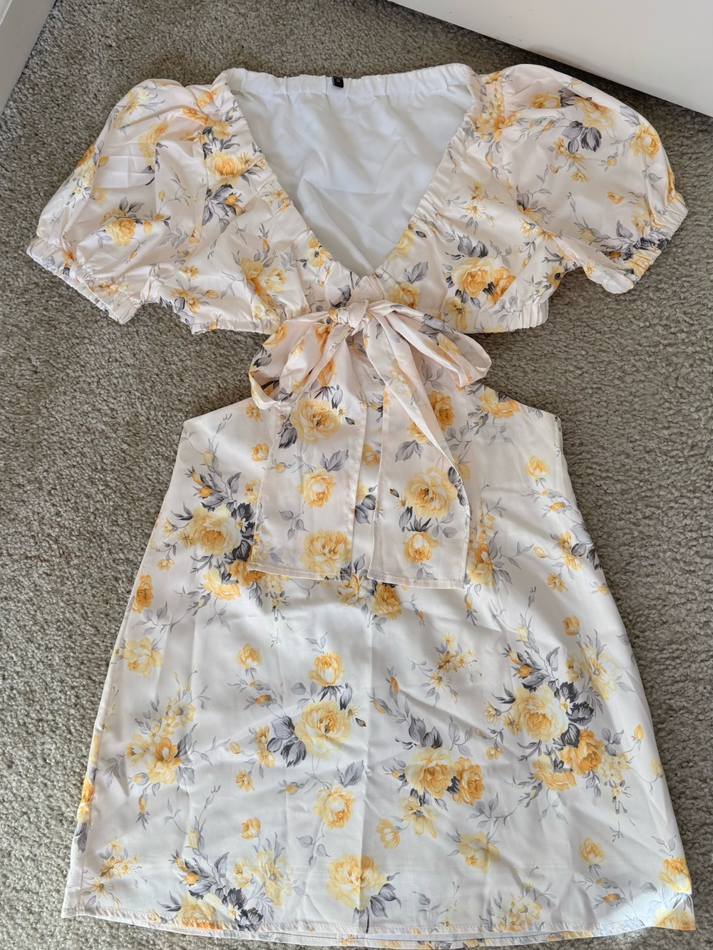 Floral Tie-Front Puff Sleeve Mini Dress - Yellow White